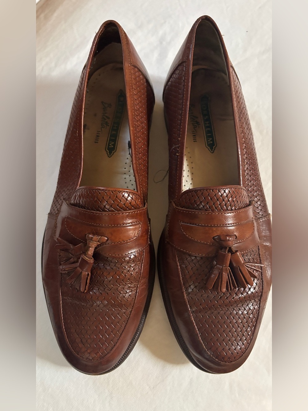 Vintage Florsheim Barletta Mens 9 3E Brown Leather Woven Tassel Loafers Italy